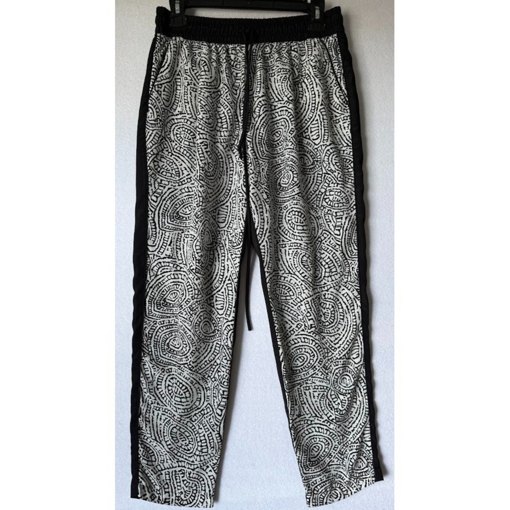 Philosophy Pants Women Petite L Black Geometric Wide Leg Pull On‎ Drawstring